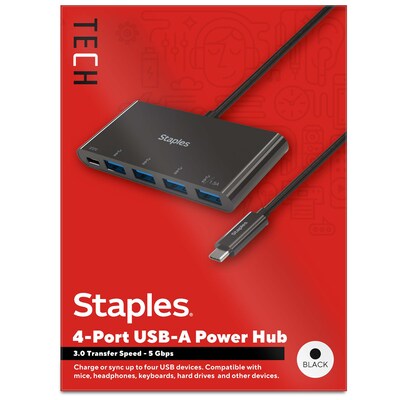 Staples TECH 4-Port USB 3.0 Hub, Black (ST62372)