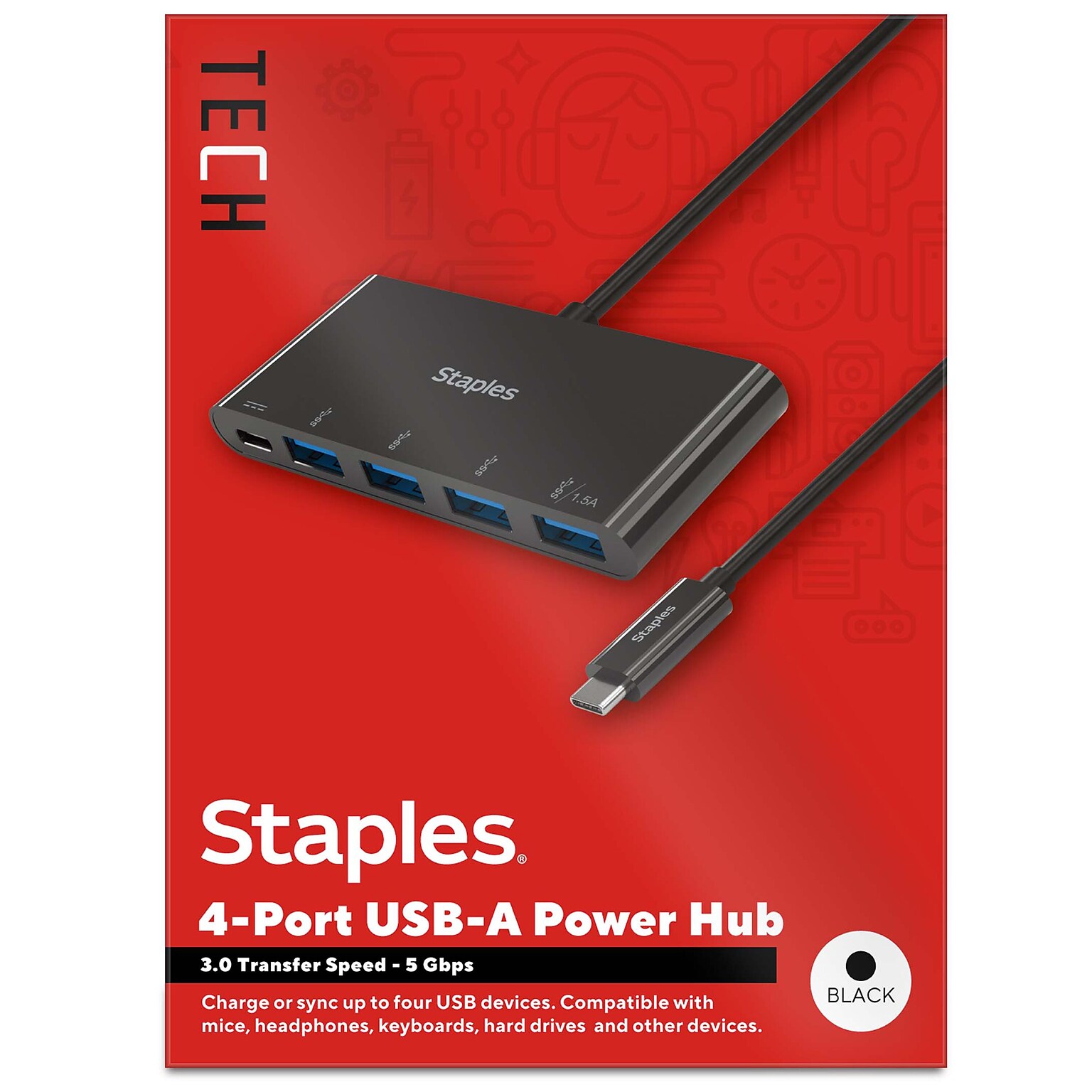 Staples TECH 4-Port USB 3.0 Hub, Black (ST62372)