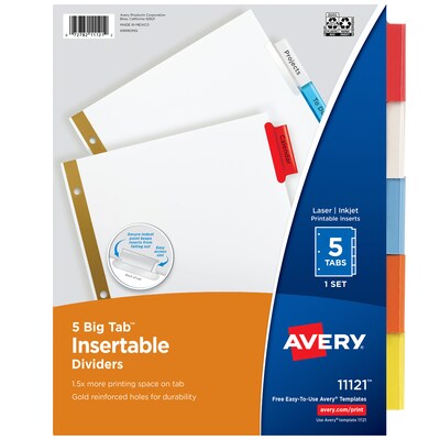 Avery Big Tab Insertable Paper Dividers, 5 Tabs, White (11121)