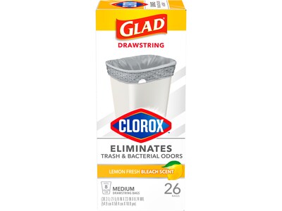 Glad Clorox 8-Gallon Trash Bag, 0.74 mil, Lemon Fresh Bleach, Gray, 26 Bags/Box (79316)