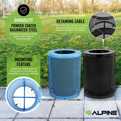 Alpine Industries 4460 Steel Mesh Trash & Recycling Bin Combo with Flat Lid and Liner, 36 Gallon, Black/Blue (ALP4460-01-E)
