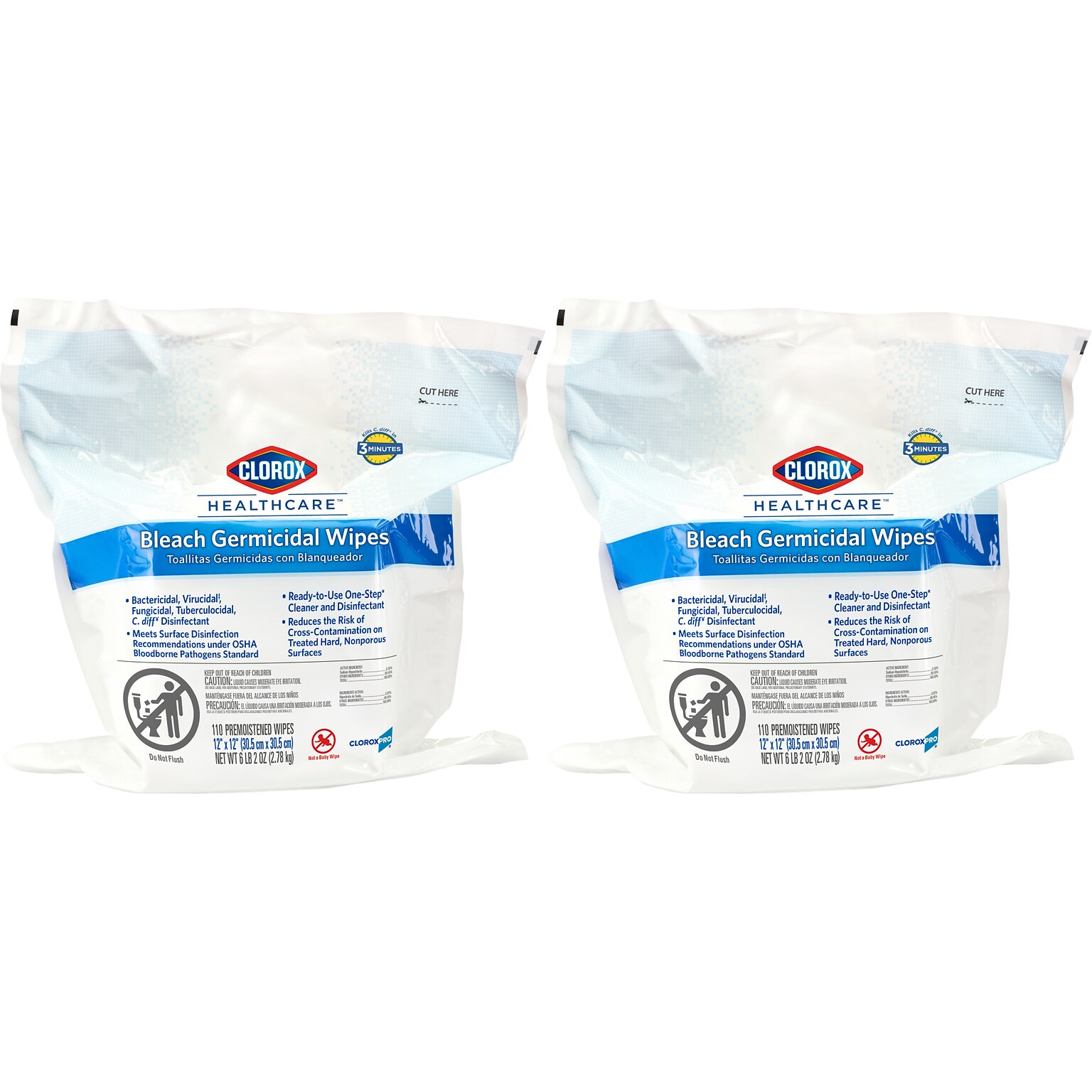 Clorox Healthcare Bleach Germicidal Wipes Refill, 110 Wipes/Container, 2/Pack (30359)