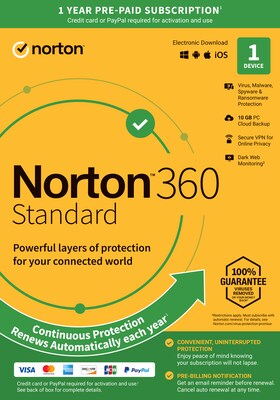 Norton 360 Standard for 1 Device, Windows/Mac/Android/iOS, Product Key Card (21392075)