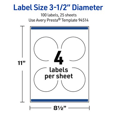 Avery Round Laser Multipurpose Labels, 3.5" Dia., White, 100/Pack (19479399453)