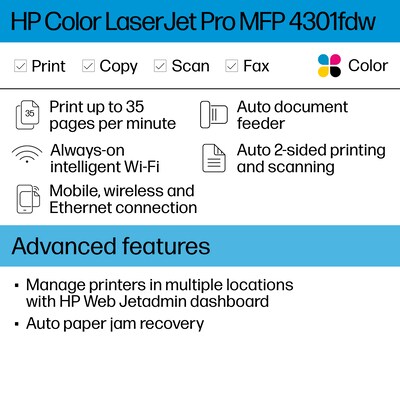 HP Color LaserJet Pro LJP 4301fdw Wireless Color Laser Printer, All-In-One, Print, Scan, Copy, Fax (4RA82F)