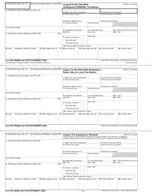 ComplyRight 2026 W-2 Tax Form, Employee Copy B, C & 2 Combined, 3-Up, W-Style, 500/Pack (5210B)