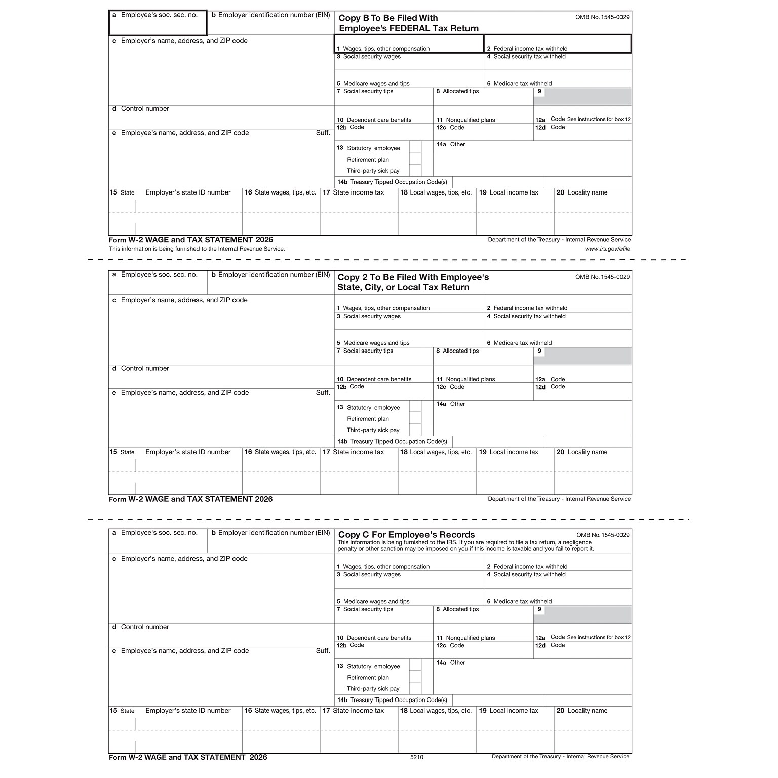 ComplyRight 2026 W-2 Tax Form, Employee Copy B, C & 2 Combined, 3-Up, W-Style, 500/Pack (5210B)