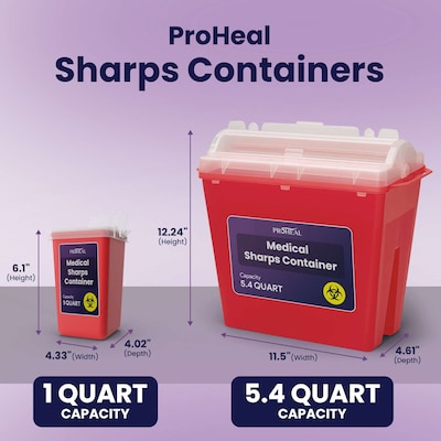 ProHeal Small Sharps Containers for Home Use,  1 Quart Needle Disposal Portable for Biohazard Medical Waste, 10/Pack (PH-16384H)
