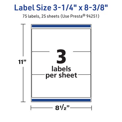 Avery TrueBlock Laser/Inkjet Rectangle Multipurpose Labels, 3-1/4" x 8-3/8", White, 75/Pack (94251)