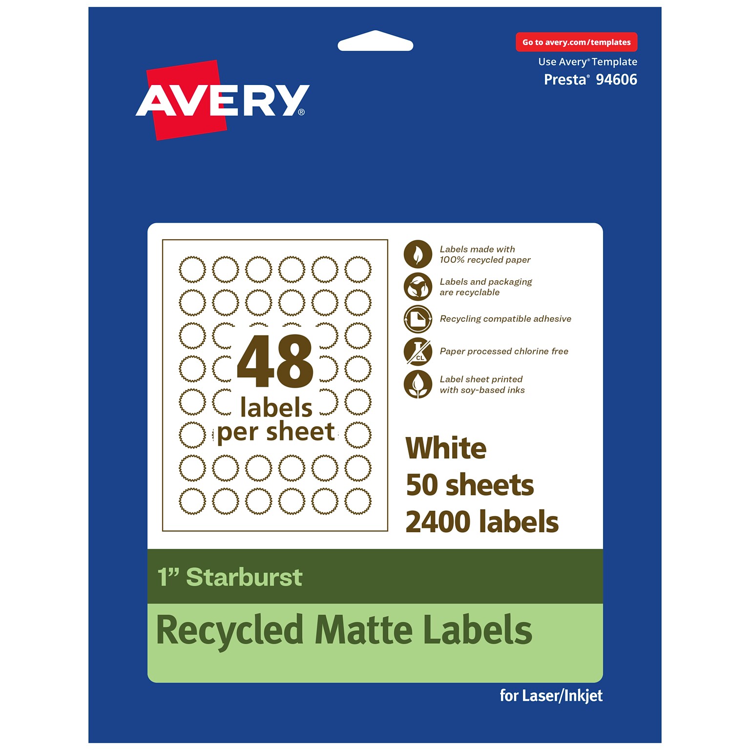 Avery EcoFriendly Laser/Inkjet Burst Multipurpose Labels, 1 Dia., White, 2400/Box (94606)