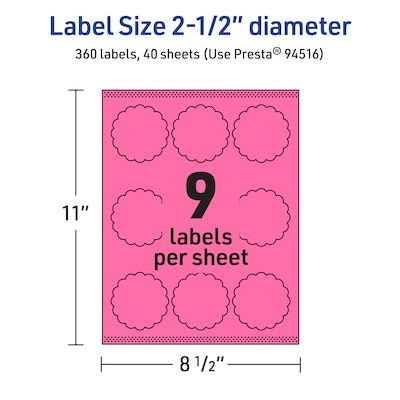 Avery Round Scalloped Laser/Inkjet Multipurpose Labels, 2.5" Dia, Bright Pink (360/Box)