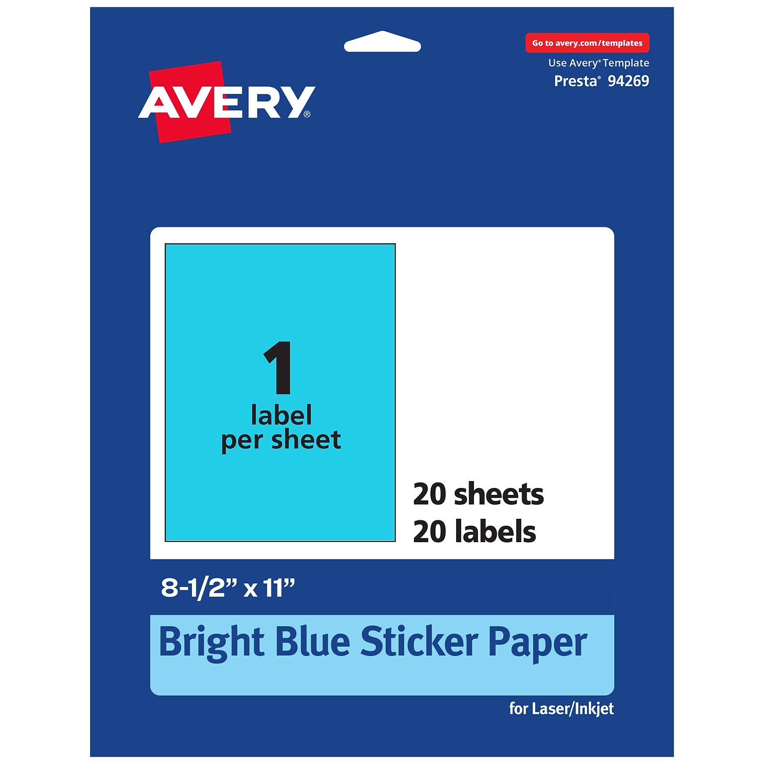 Avery Rectangle Multipurpose Labels, 8.5 x 11, Bright Blue, 20/Pack (94269)