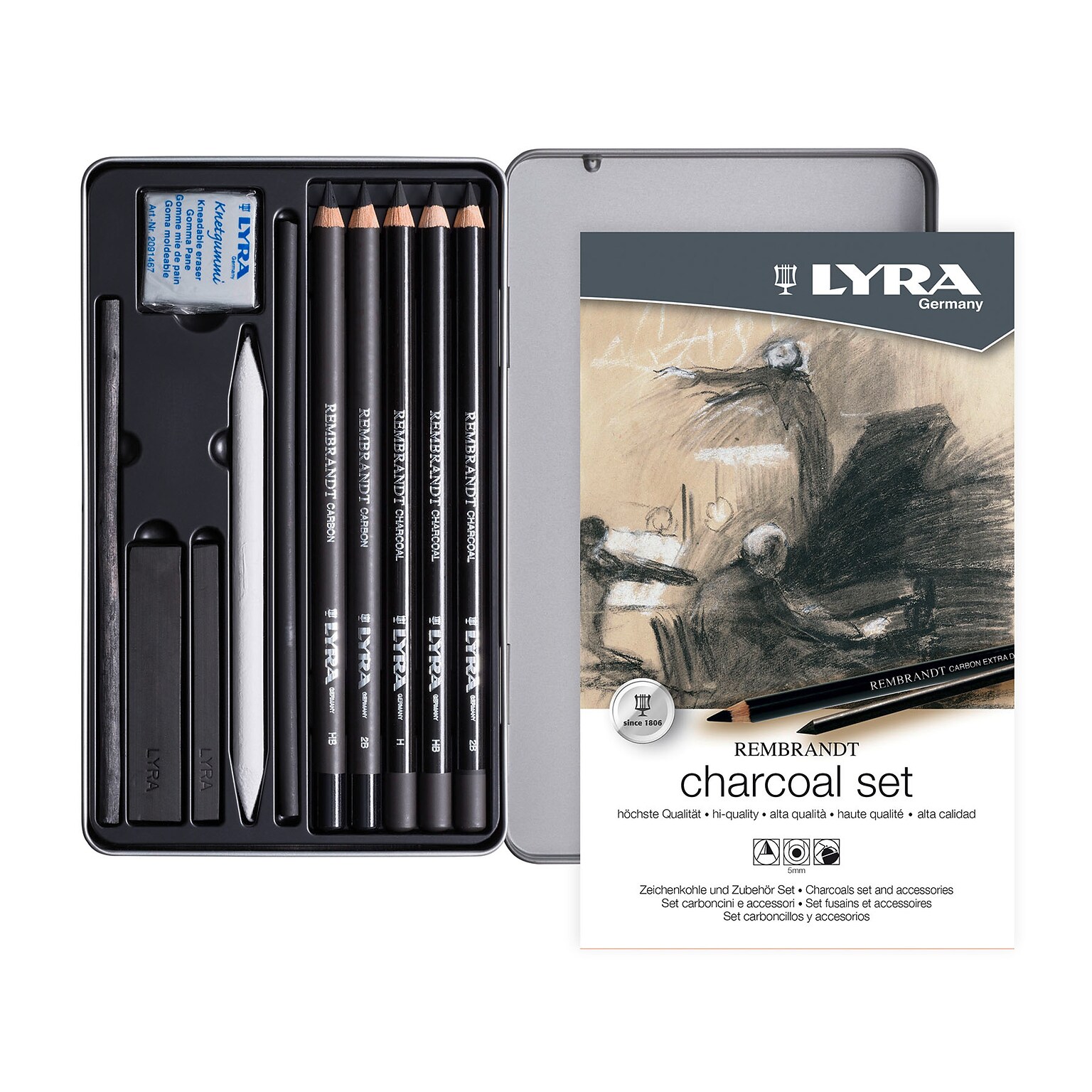 Lyra Rembrandt Charcoal Sketching Set Tin, Assorted Colors, 11/Pack (LYXL2051112)