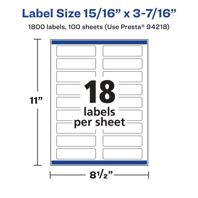Avery Laser/Inkjet Rectangle Waterproof Multipurpose Labels, 3.4375"  x 0.9375", White, 1800/Box (94218)