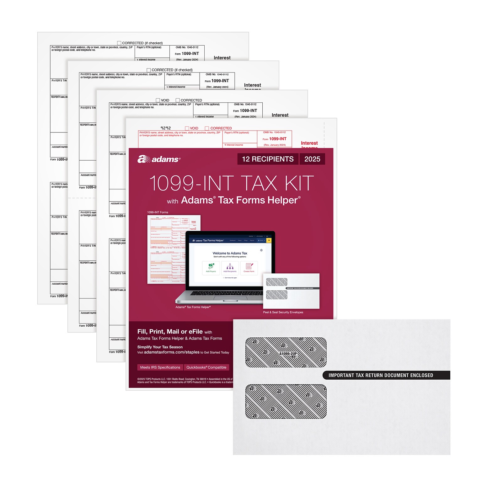 Adams 2025 1099-INT Tax Forms Kit, 4-Part, 2-Up, A, 1, B & 2, 12/Pack (STAX5INT-25)