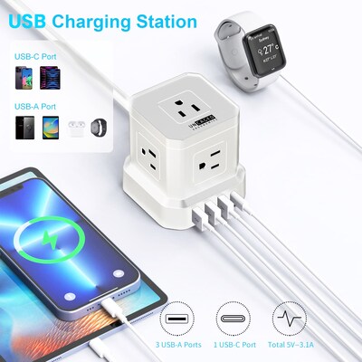 Uncaged Ergonomics Cube 5-Outlet 4-USB Port Surge Protector, 10', White (PC-w-c)