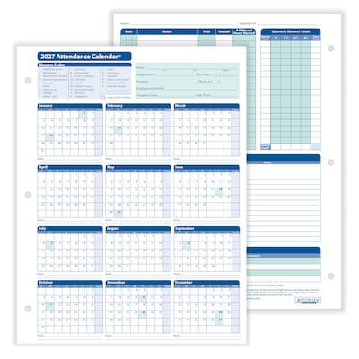ComplyRight 2027 Attendance Calendar Card, 25 Forms/Pack (A4000W25)