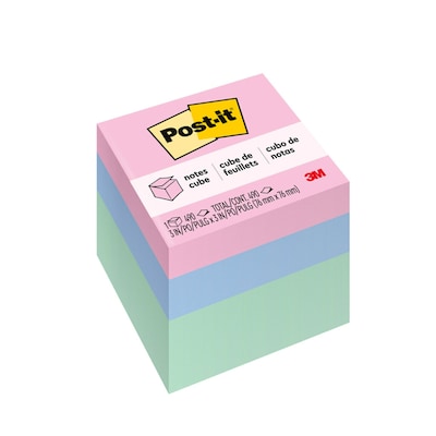 Post-it® Notes Cube, Assorted Pastels, 3 in x 3 in, 490 Sheets/Pad, 1 Pad/Pack (2056-PP)