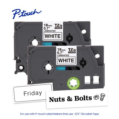 Brother P-touch Laminated Label Tape, ~3/4" x 26.2', Black on White, 2/pack (TZe2412PK)