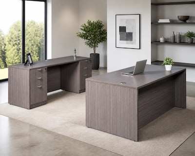 Boss Office Products 71" Desk and Credenza with Dual File Pedestals, Driftwood (GROUPA2-DW)