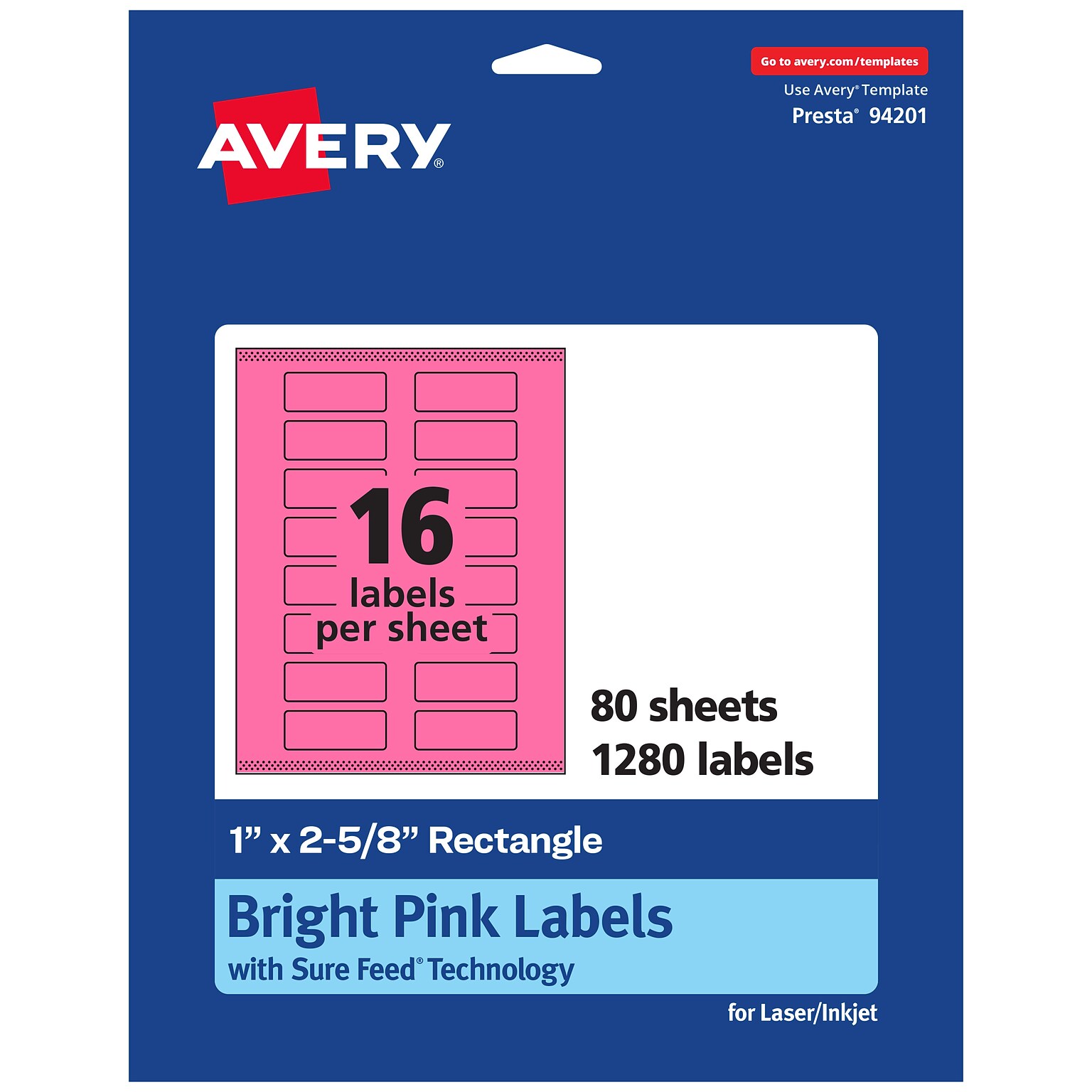 Avery Rectangle Laser/Inkjet Multipurpose Labels, 1 x 2-5/8, Bright Pink (1280/Box)