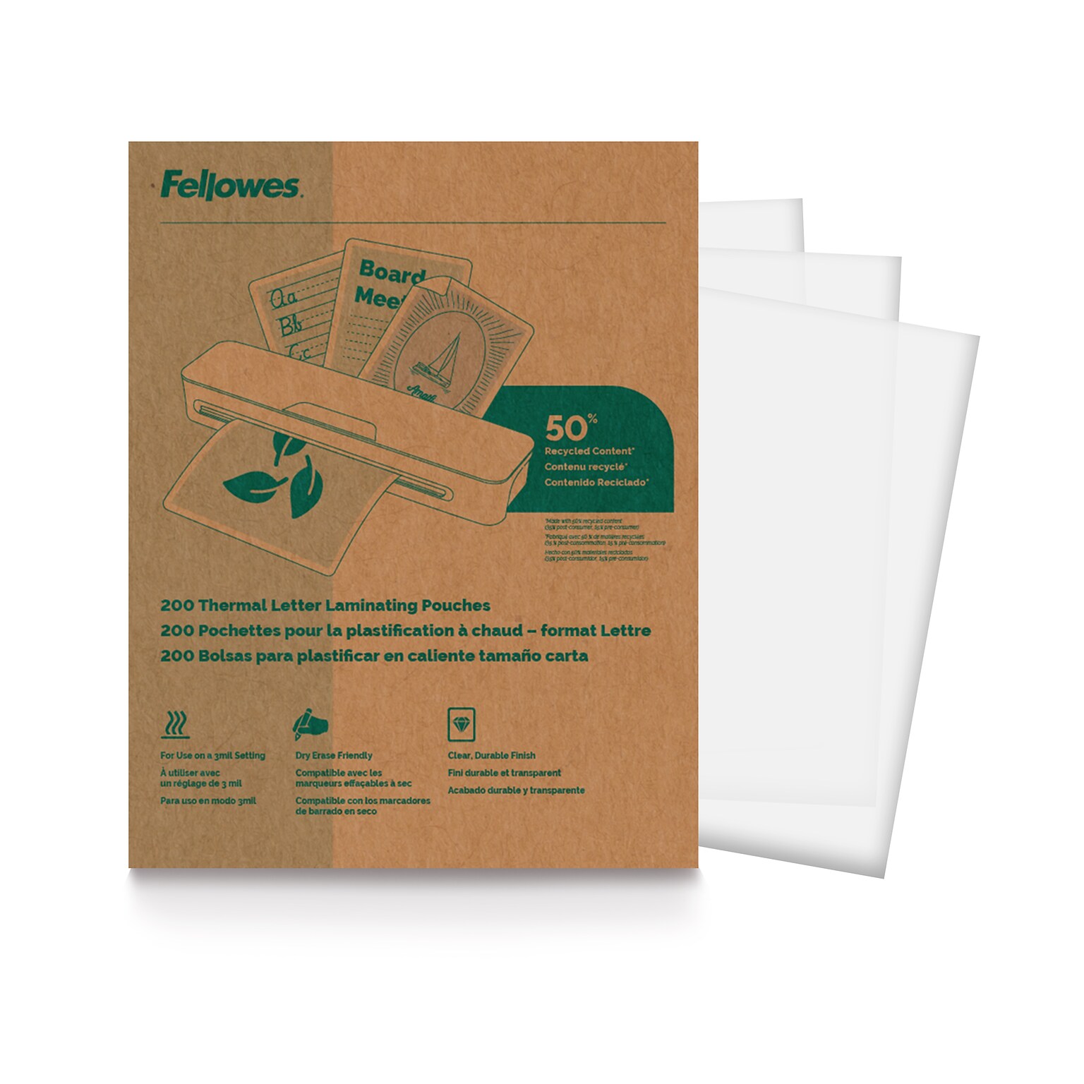 Fellowes Recycled Content Thermal Laminating Pouch, Letter Size, 200/Pack (100145864)