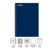 Staples Premium 3-Subject Notebook, 5.88 x 9.5, College Ruled, 138 Sheets, Blue (ST58352)