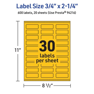 Avery Laser/Inkjet Rectangle Multipurpose Labels, 0.75" x 2.25", Bright Yellow, 600/Pack (94216)