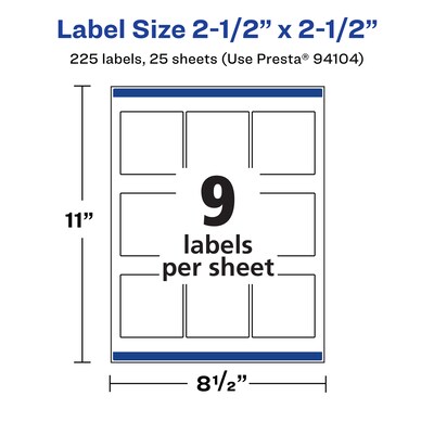 Avery Laser/Inkjet Square Multipurpose Labels, 2.5" x 2.5", Matte White, 225 Labels/Pack (94104)