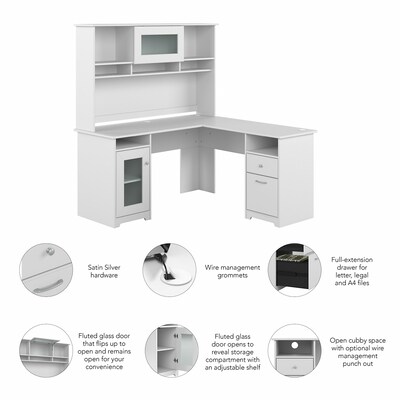 Bush Furniture Cabot 60"W L Shaped Computer Desk with Hutch and Storage, White (CAB001WHN)