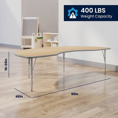 Flash Furniture Wren Kidney Activity Table, 96" x 48", Height Adjustable, Light Natural Top/Silver Frame (XUA4896KDLNTP)