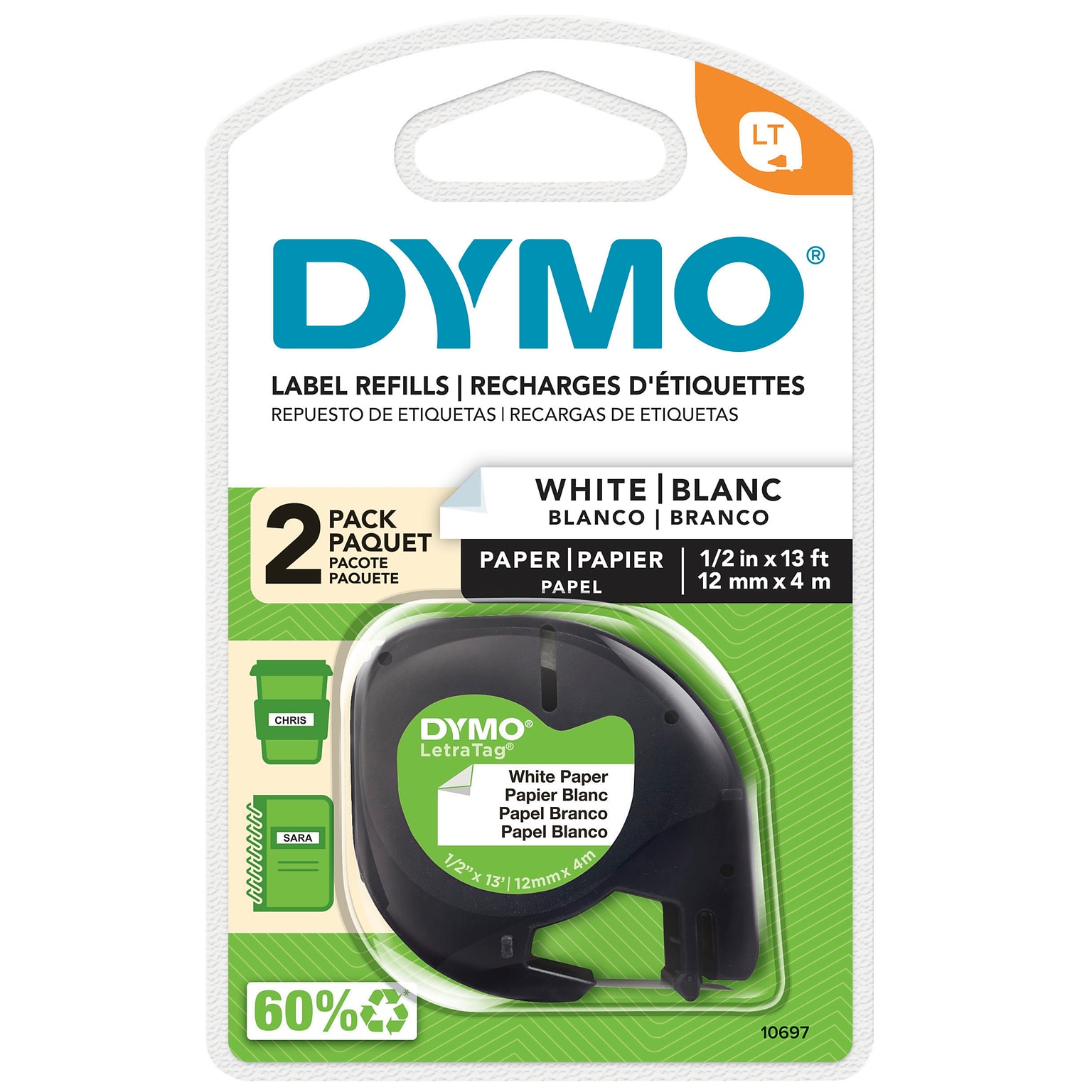 DYMO LetraTag 10697 Label Maker Tape, 1/2 x 13, Black on White, 2/Pack (10697)