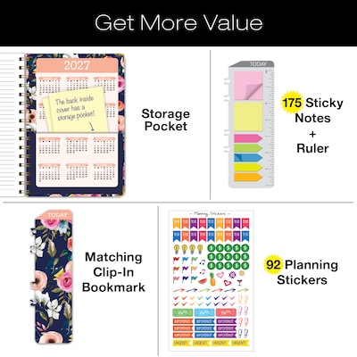 2026-2027 Excello Brands 8" x 5.5" Academic Weekly & Monthly Planner, Paperboard Cover, Small Navy Floral (FSHN-AY26-58-84)