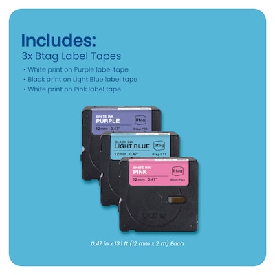 Brother P-touch Btag Label Tape, 1/2" x 13.1' (12mm x 4m), White/Purple, Black/Light Blue, White/Pink, 3/Pack