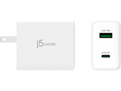 j5create 67W GaN USB-C 2-Port Charger for Laptops, Tablets and Mobile Devices, White (JUP2367)