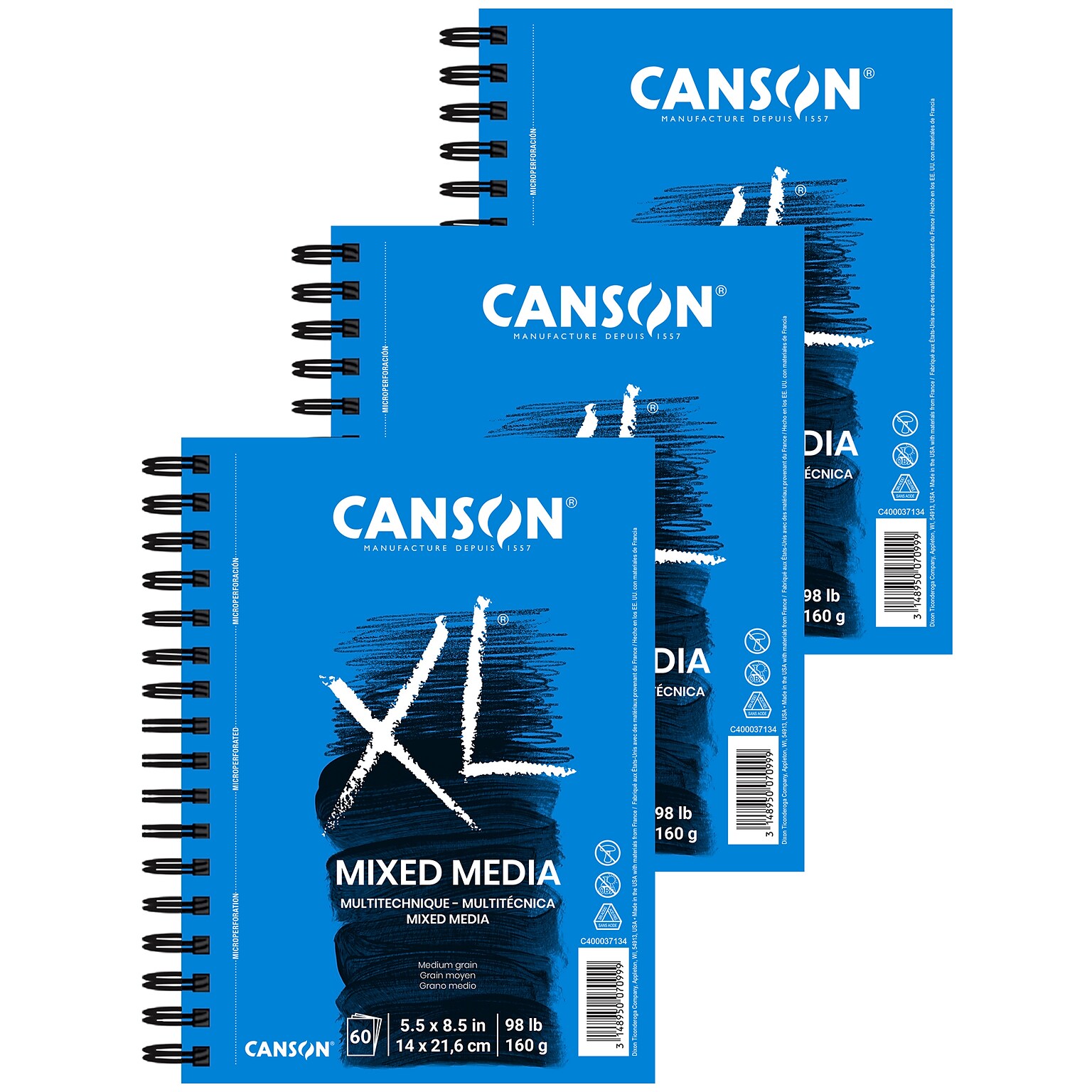 Canson XL Series 5.5 x 8.5 Wire Bound Mixed Media Sketch Pad, 60 Sheets/Pad, 3/Bundle (MCXC40003713406-3)