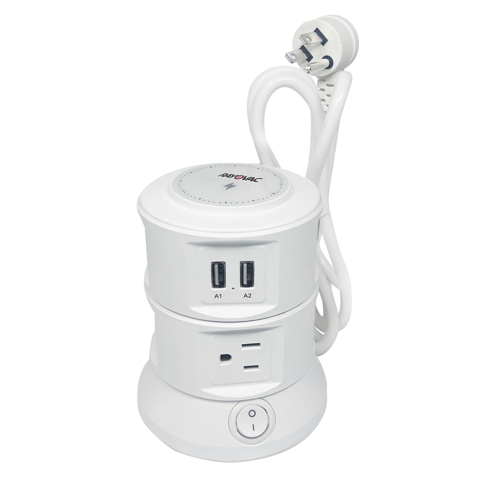 RAYOVAC Charging Tower 6-Outlet 4-USB Port Surge Protector with Wireless Charging, 5-ft., 540 Joules, White (SS-Q913)