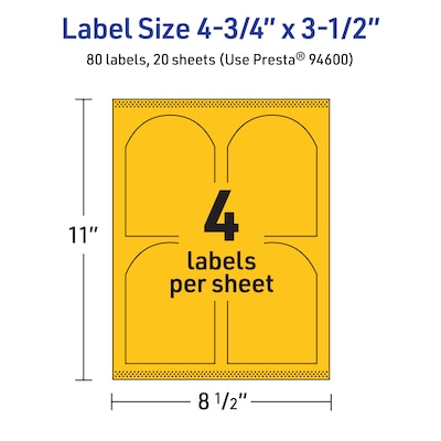 Avery Arched Laser/Inkjet Multipurpose Labels, 4.75" x 3.5", Bright Yellow (80/Pack)