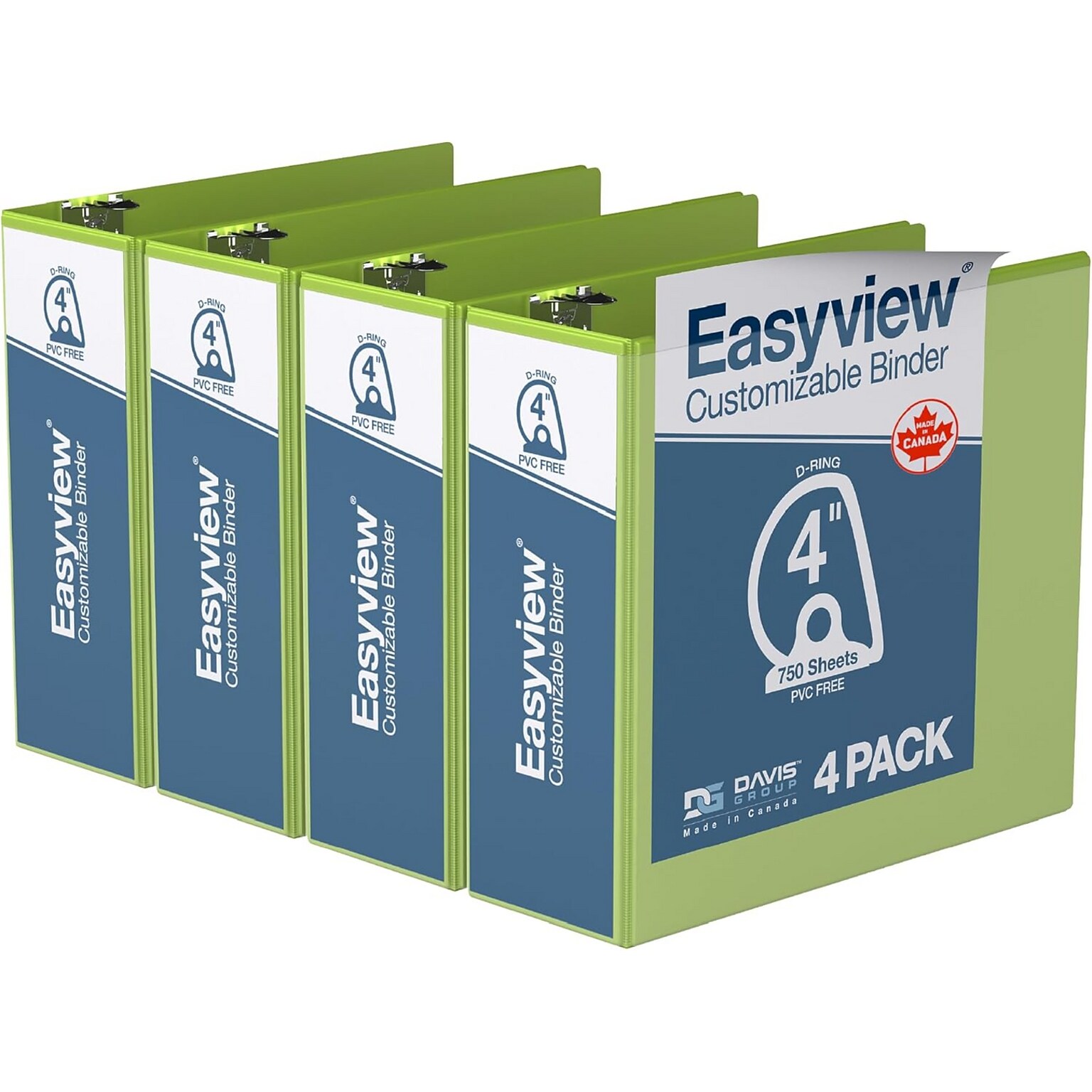Davis Group Easyview Premium 4 Angle D Ring, Customizable, View Binder, Lime Green, 4/Pack (8406-24)