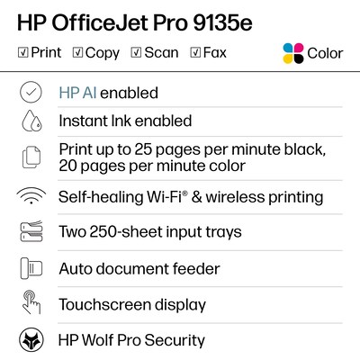 HP OfficeJet Pro 9135e Wireless Color Inkjet Printer, All-In-One, Print, Scan, Copy, Fax (404M0A#B1H)