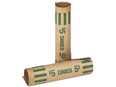 CONTROLTEK $5 Dime Crimped-End Coin Wrapper, Kraft/Green, 1000/Carton (560053)
