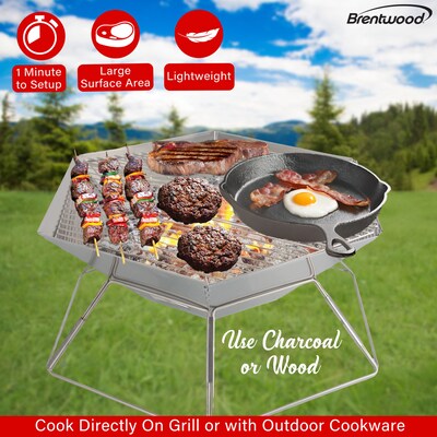 Brentwood® 20-In. Stainless Steel Portable Folding Charcoal BBQ Grill and Outdoor Fire Pit with Carry Bag (BB-6X20SS)