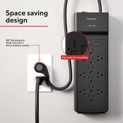Staples TECH 12-Outlet 2-USB Port Surge Protector, 8', 3900 Joules, Black (ST62774)