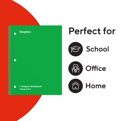 STAPLES 1-Subject Notebook, 8” x 10.5”, Wide Ruled, 70 Sheets, Assorted Colors