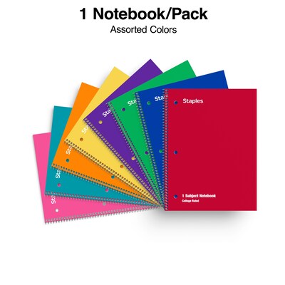 Staples® 1-Subject Notebooks, 8" x 10.5", College Ruled, 70 Sheets, Assorted Colors, 48/Pack (27498CT)