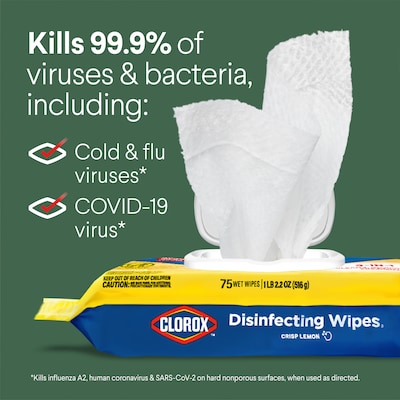 Clorox Disinfecting Wipes, Lemon Scent, 75 Wipes/Container, 6/Carton (31404CT)