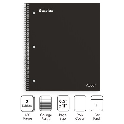 Staples Premium 2-Subject Notebook, 8.5 x 11, College Ruled, 120 Sheets, Black (TR58310)