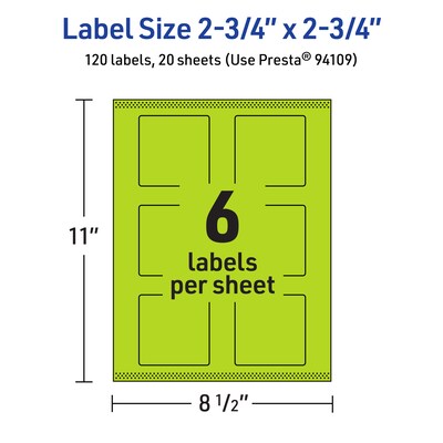 Avery Laser/Inkjet Multipurpose Square Labels, 2.75" x 2.75", Bright Green, 120/Pack (94109)