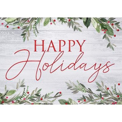 Rustic Display Happy Holidays Greeting Cards; Stock Verse Included; Boxed Set of 25 Cards and Envelopes