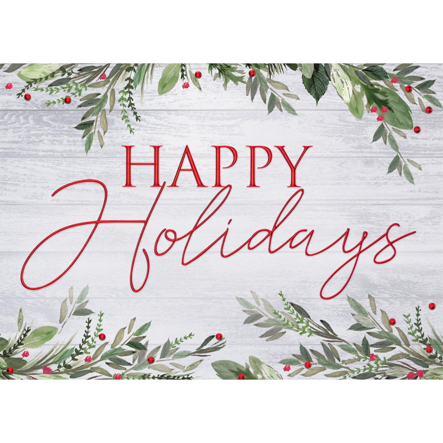 Rustic Display Happy Holidays Greeting Cards; Stock Verse Included; Boxed Set of 25 Cards and Envelopes